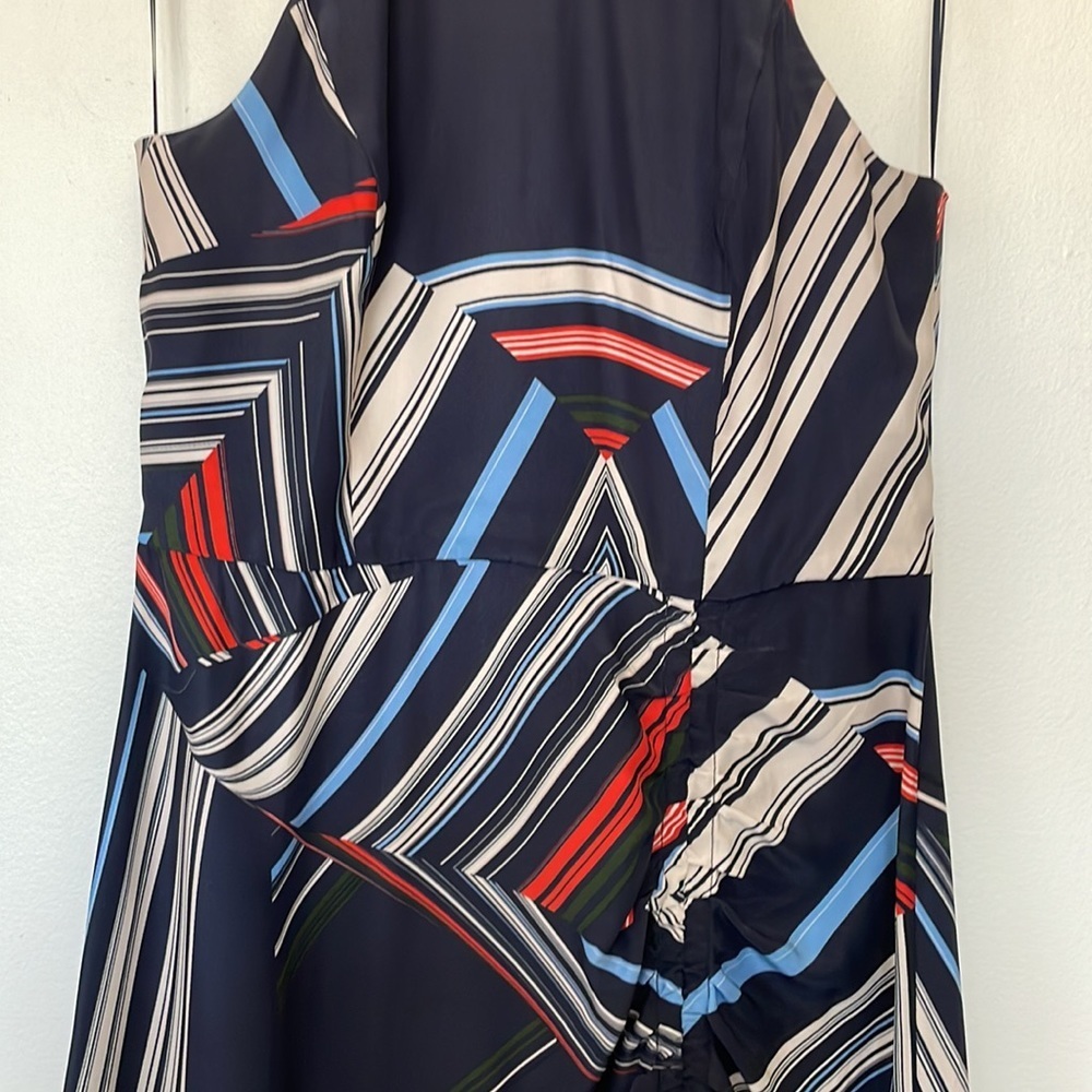 Parker | 100% Silk Halter Neck Handkerchief Hem Graphic Stripe Print Midi Dress - Picture 3 of 11
